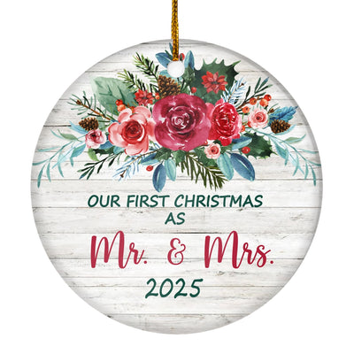 Our First Christmas As Mr And Mrs 2025 For Bride Groom Wedding Newlywed Couple (21) Christmas Tree Ornament | siriusteestore