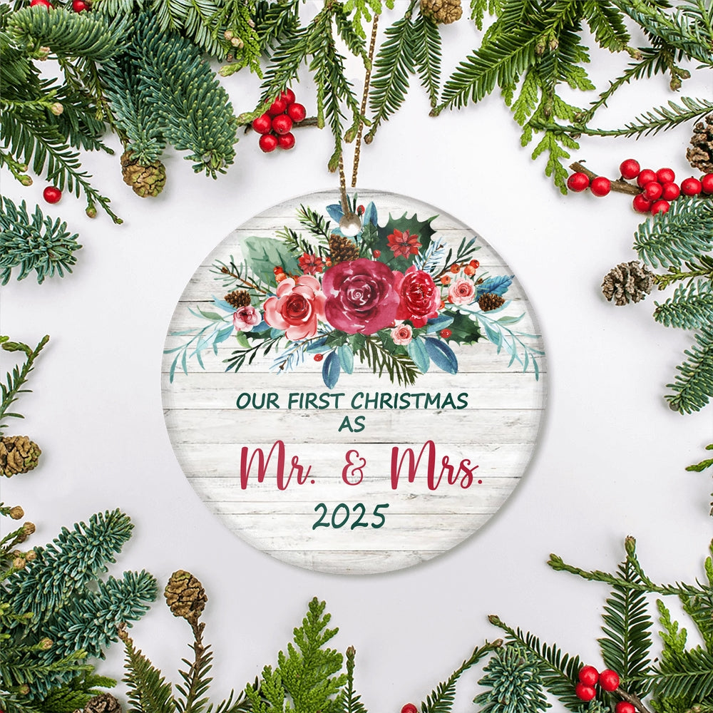 Our First Christmas As Mr And Mrs 2025 For Bride Groom Wedding Newlywed Couple (21) Christmas Tree Ornament | siriusteestore