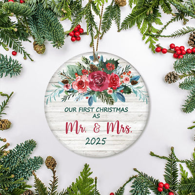 Our First Christmas As Mr And Mrs 2025 For Bride Groom Wedding Newlywed Couple (21) Christmas Tree Ornament | siriusteestore