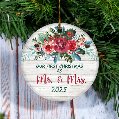 Our First Christmas As Mr And Mrs 2025 For Bride Groom Wedding Newlywed Couple (21) Christmas Tree Ornament | siriusteestore