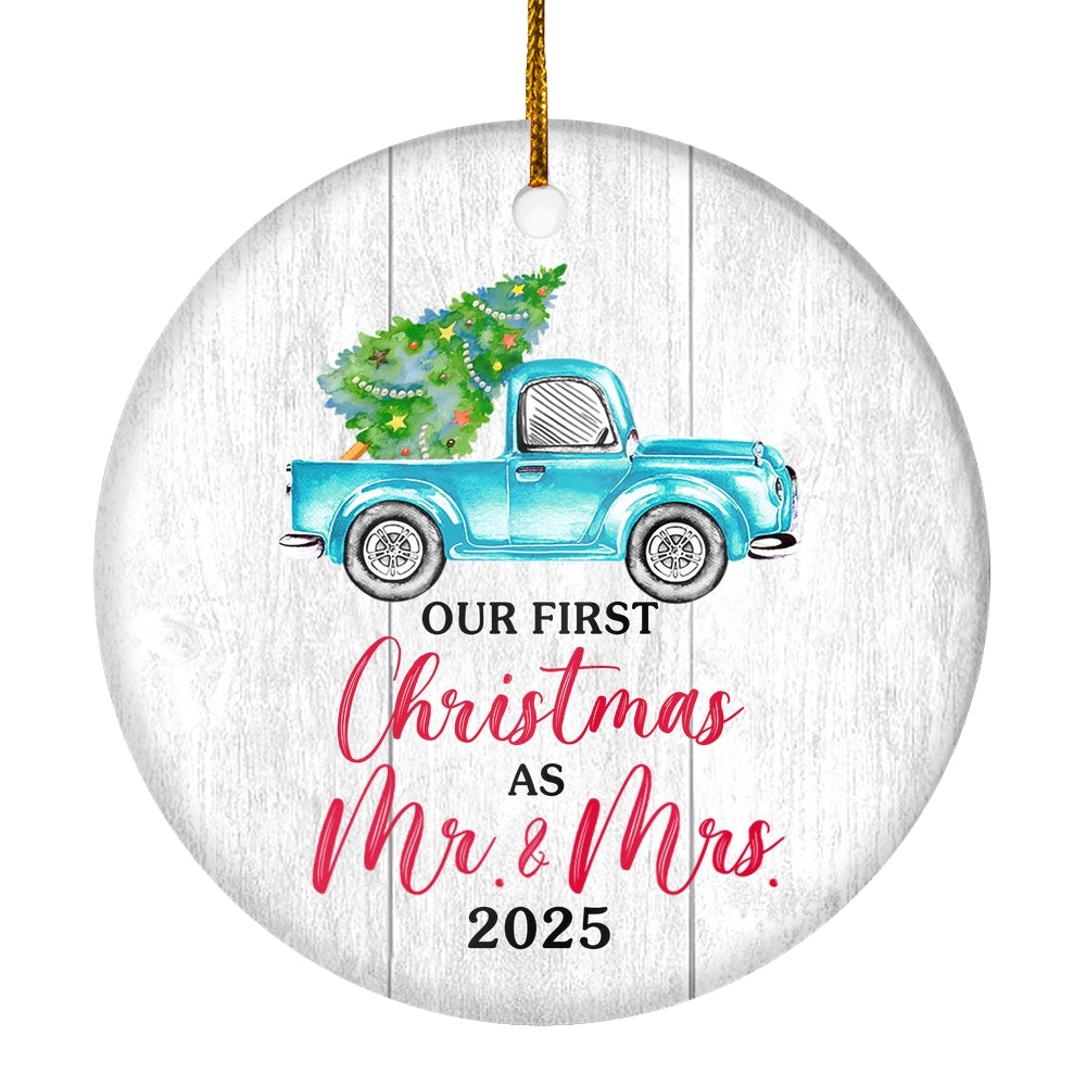 Our First Christmas As Mr And Mrs 2025 For Truck Tree Wood Wedding Newlywed Couple (18) Christmas Tree Ornament | siriusteestore