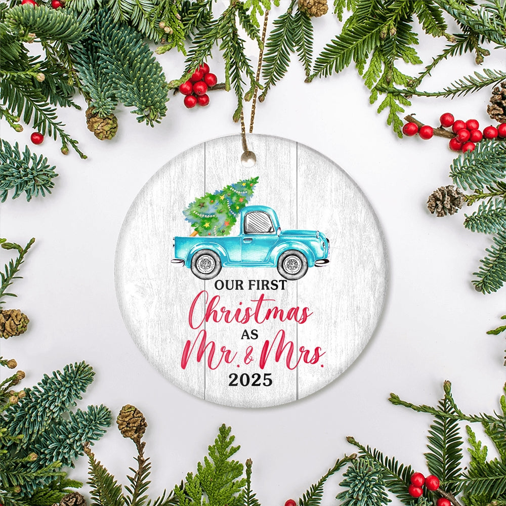 Our First Christmas As Mr And Mrs 2025 For Truck Tree Wood Wedding Newlywed Couple (18) Christmas Tree Ornament | siriusteestore