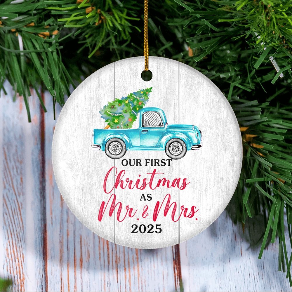 Our First Christmas As Mr And Mrs 2025 For Truck Tree Wood Wedding Newlywed Couple (18) Christmas Tree Ornament | siriusteestore