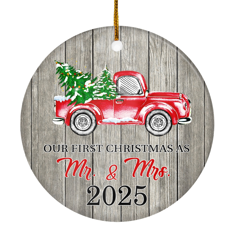 Our First Christmas As Mr And Mrs Ornaments Rustic Ornament With Red Truck And Green Tree 2024 First Xmas Wedding Presents For Newlywed Holiday Christmas Tree Ornament | siriusteestore