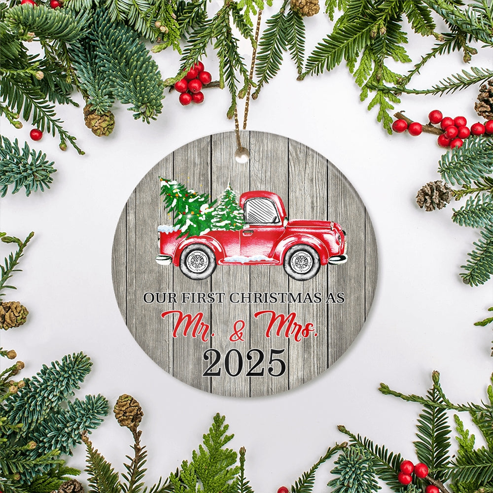 Our First Christmas As Mr And Mrs Ornaments Rustic Ornament With Red Truck And Green Tree 2024 First Xmas Wedding Presents For Newlywed Holiday Christmas Tree Ornament | siriusteestore