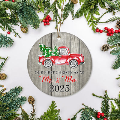 Our First Christmas As Mr And Mrs Ornaments Rustic Ornament With Red Truck And Green Tree 2024 First Xmas Wedding Presents For Newlywed Holiday Christmas Tree Ornament | siriusteestore