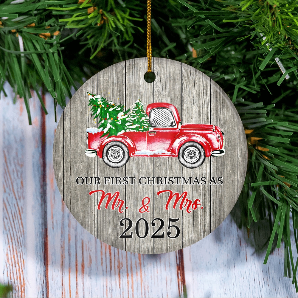 Our First Christmas As Mr And Mrs Ornaments Rustic Ornament With Red Truck And Green Tree 2024 First Xmas Wedding Presents For Newlywed Holiday Christmas Tree Ornament | siriusteestore