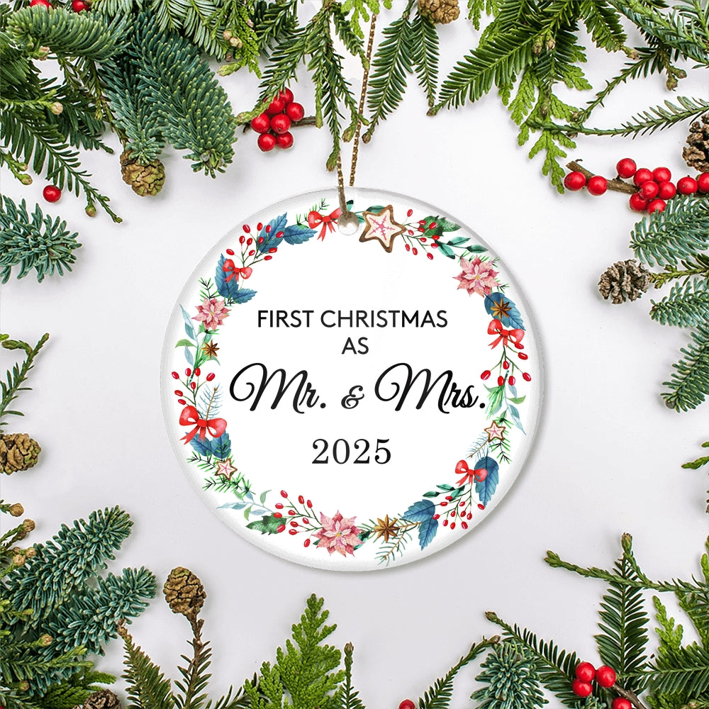 Our First Christmas As Mr and Mrs 2025 For Wedding Newlywed Couple (19) 2025 Christmas Tree Ornament | siriusteestore