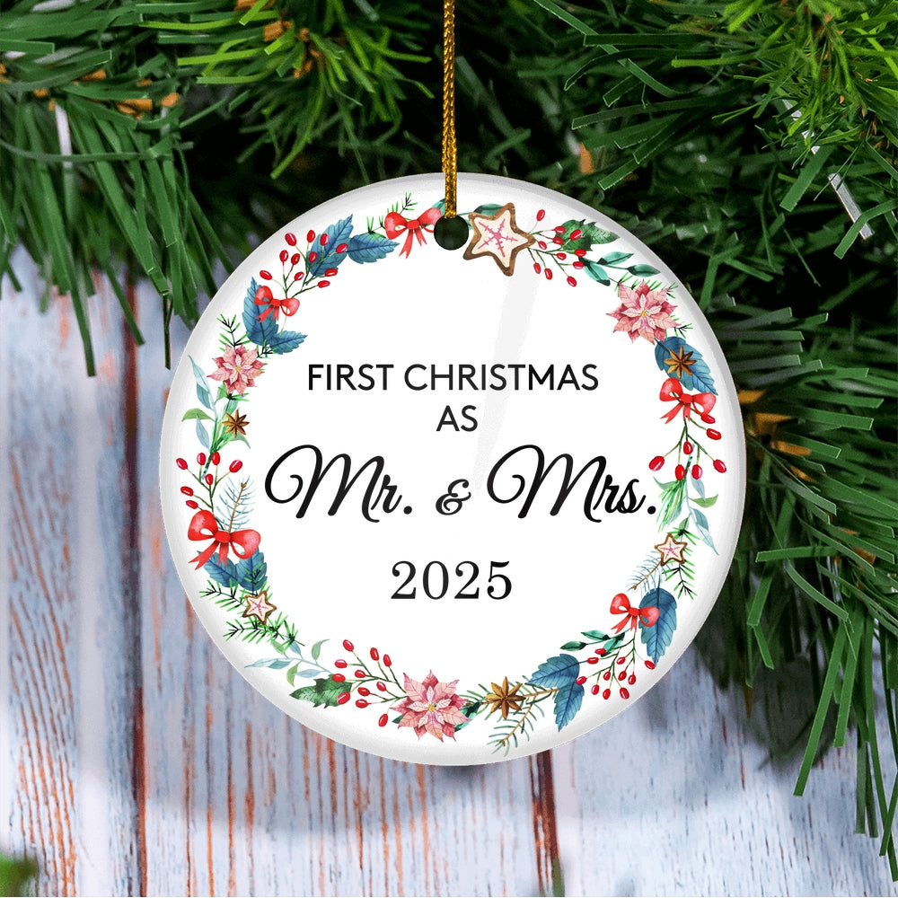 Our First Christmas As Mr and Mrs 2025 For Wedding Newlywed Couple (19) 2025 Christmas Tree Ornament | siriusteestore