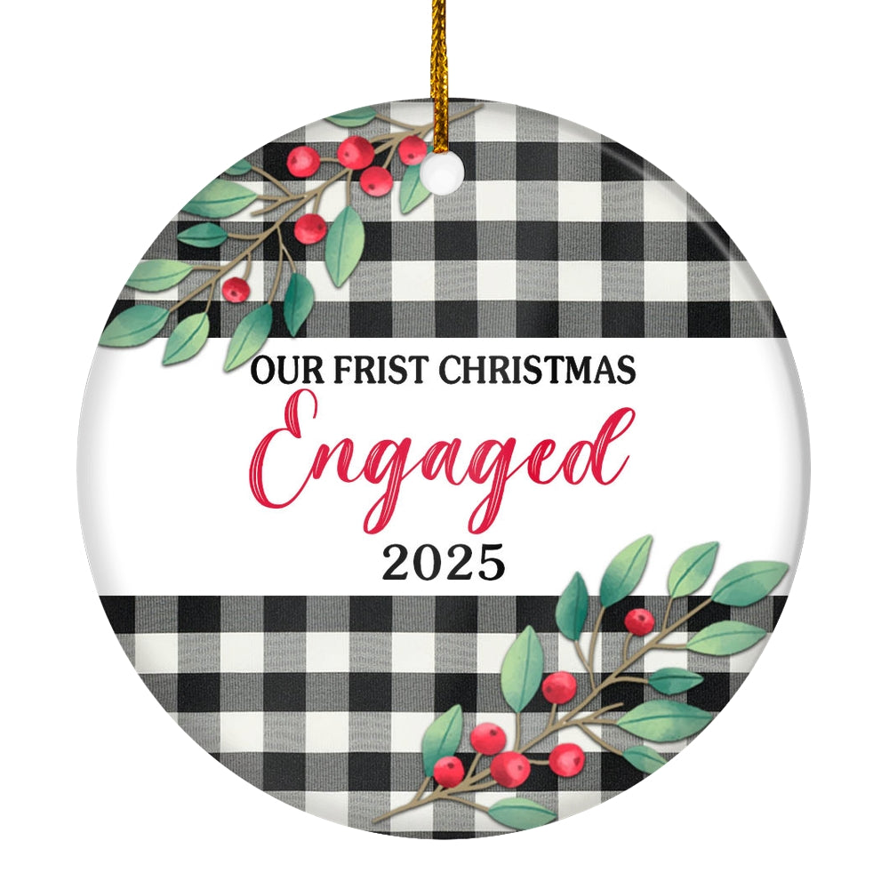 Our First Christmas Engaged 2025 Just Married Black White Buffalo Plaid For Wedding Newlywed Couple (20) Christmas Tree Ornament | siriusteestore