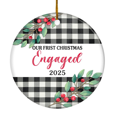 Our First Christmas Engaged 2025 Just Married Black White Buffalo Plaid For Wedding Newlywed Couple (20) Christmas Tree Ornament | siriusteestore