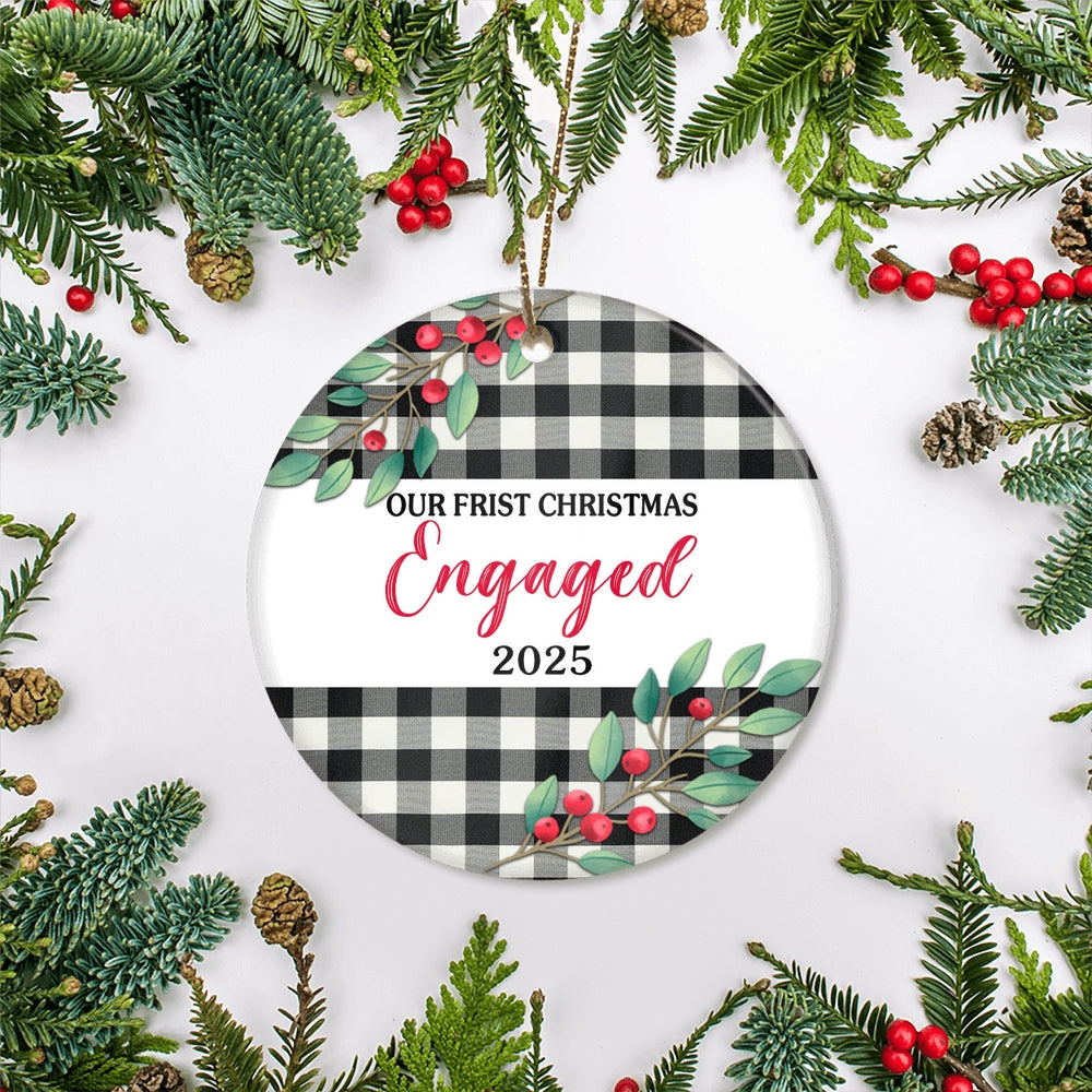 Our First Christmas Engaged 2025 Just Married Black White Buffalo Plaid For Wedding Newlywed Couple (20) Christmas Tree Ornament | siriusteestore