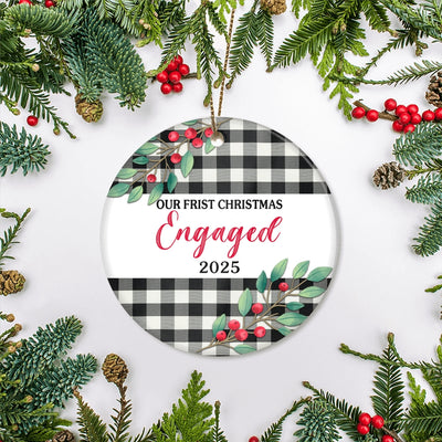 Our First Christmas Engaged 2025 Just Married Black White Buffalo Plaid For Wedding Newlywed Couple (20) Christmas Tree Ornament | siriusteestore