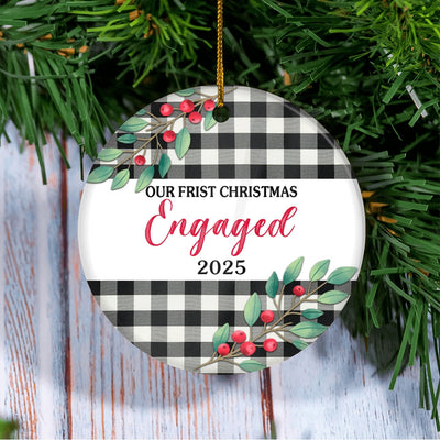 Our First Christmas Engaged 2025 Just Married Black White Buffalo Plaid For Wedding Newlywed Couple (20) Christmas Tree Ornament | siriusteestore