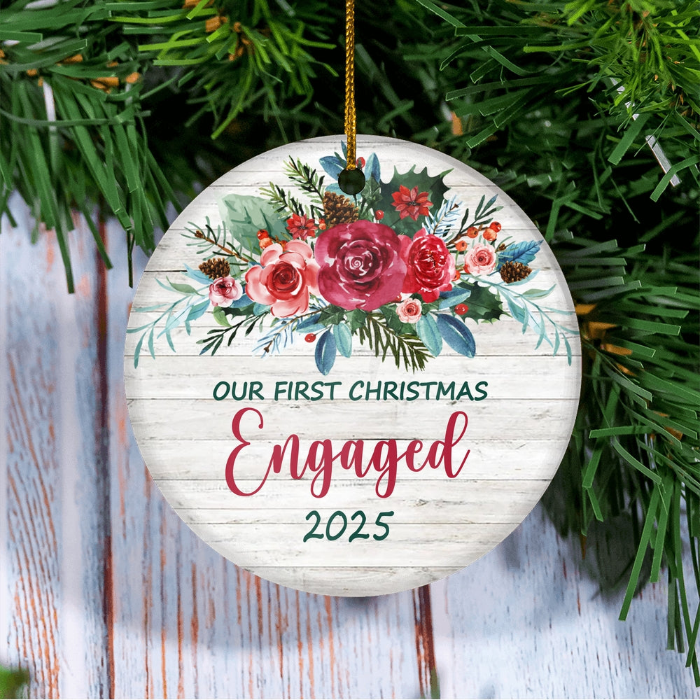 Our First Christmas Engaged 2025 Just Married Bride Groom For Wedding Newlywed Couple (21) Christmas Tree Ornament | siriusteestore