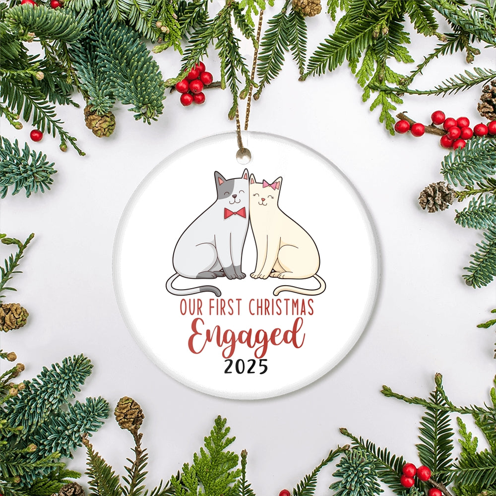 Our First Christmas Engaged 2025 Just Married Cat For Wedding Newlywed Couple (17) 2025 Christmas Tree Ornament | siriusteestore