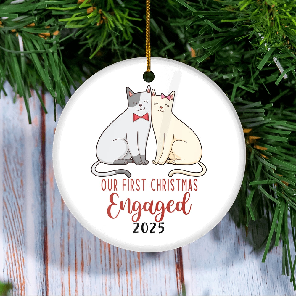 Our First Christmas Engaged 2025 Just Married Cat For Wedding Newlywed Couple (17) 2025 Christmas Tree Ornament | siriusteestore