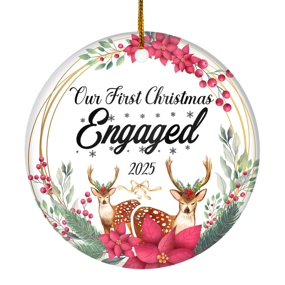 Our First Christmas Engaged 2025 Just Married Deer Christmas For Wedding Newlywed Couple (15) Christmas Tree Ornament | siriusteestore