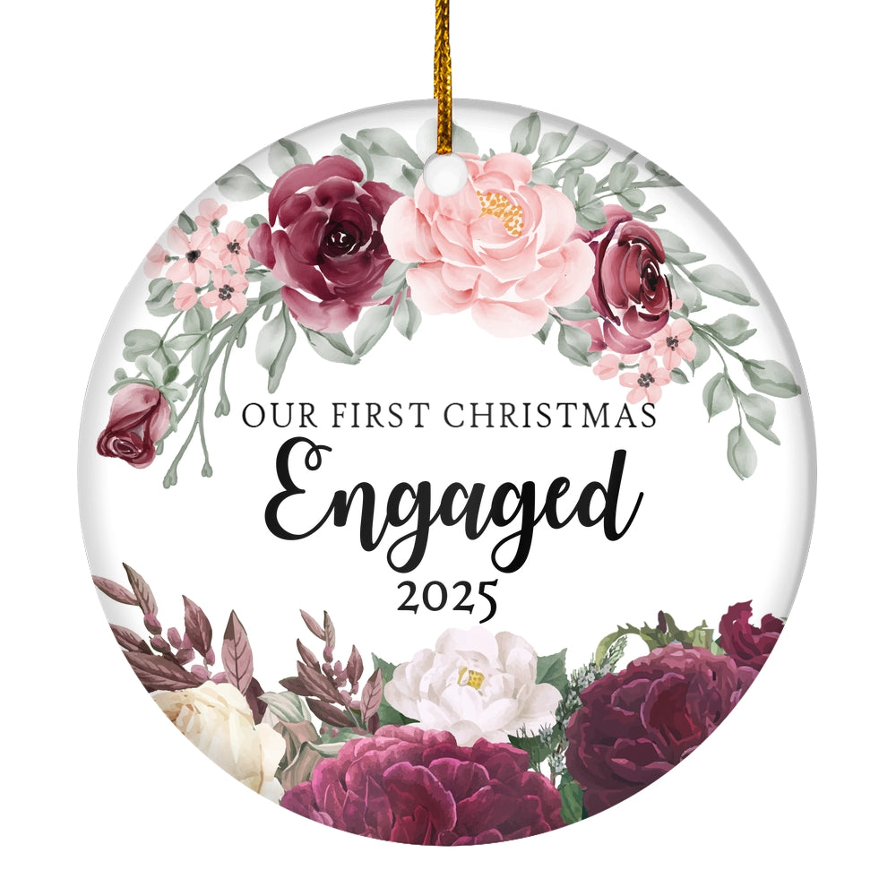 Our First Christmas Engaged 2025 Just Married Flower For Wedding Newlywed Couple (11) 2025 Christmas Tree Ornament | siriusteestore