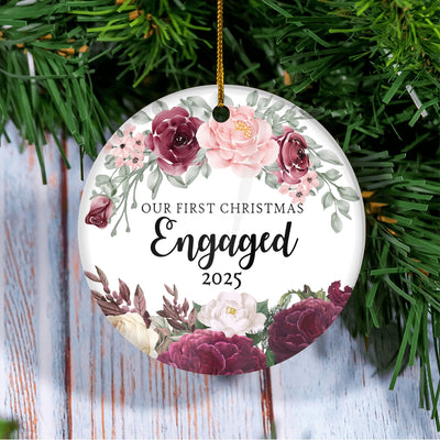 Our First Christmas Engaged 2025 Just Married Flower For Wedding Newlywed Couple (11) 2025 Christmas Tree Ornament | siriusteestore