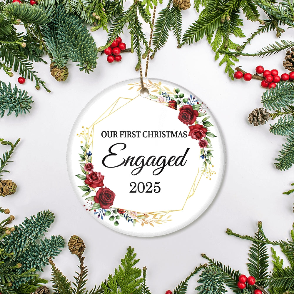Our First Christmas Engaged 2025 Just Married Flower For Wedding Newlywed Couple (12) 2025 Christmas Tree Ornament | siriusteestore