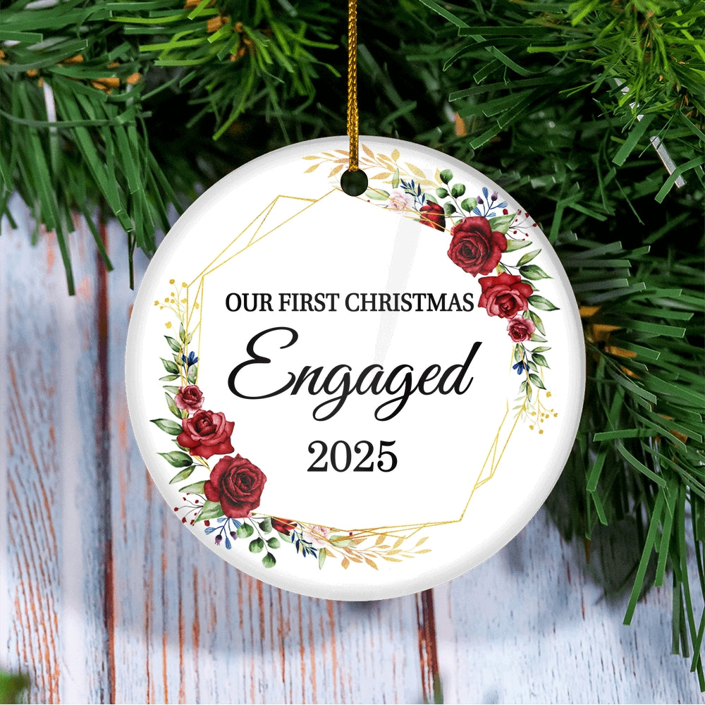 Our First Christmas Engaged 2025 Just Married Flower For Wedding Newlywed Couple (12) 2025 Christmas Tree Ornament | siriusteestore