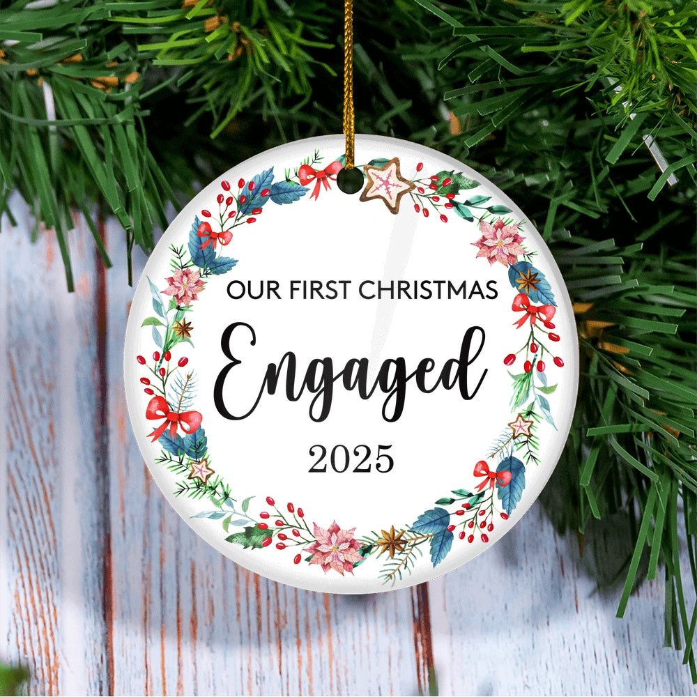Our First Christmas Engaged 2025 Just Married For Wedding Newlywed Couple (19) 2025 Christmas Tree Ornament | siriusteestore