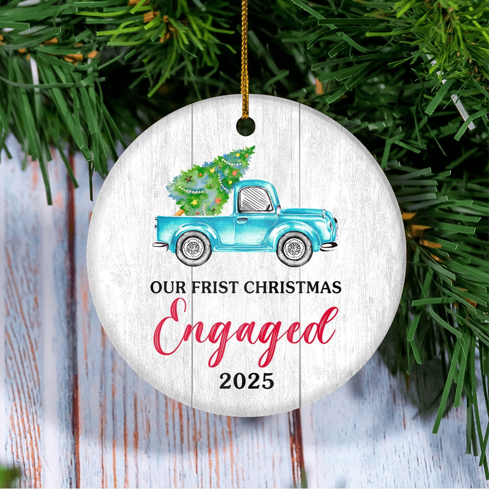 Our First Christmas Engaged 2025 Just Married Truck Tree Wood For Wedding Newlywed Couple (18) Christmas Tree Ornament | siriusteestore