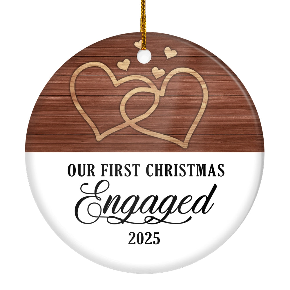 Our First Christmas Engaged 2025 Just Married White Brown Wood For Wedding Newlywed Couple 2025 Christmas Tree Ornament | siriusteestore