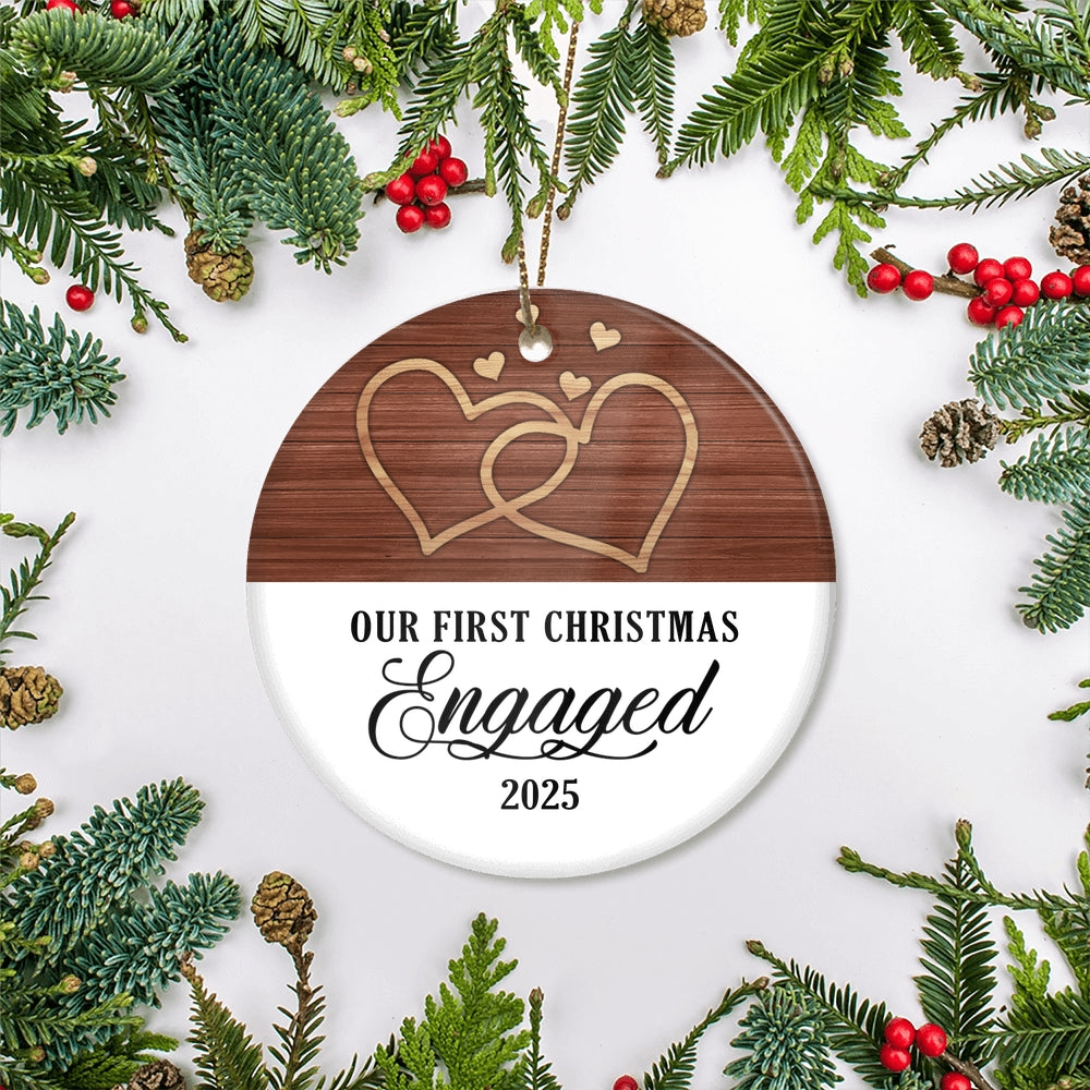 Our First Christmas Engaged 2025 Just Married White Brown Wood For Wedding Newlywed Couple 2025 Christmas Tree Ornament | siriusteestore