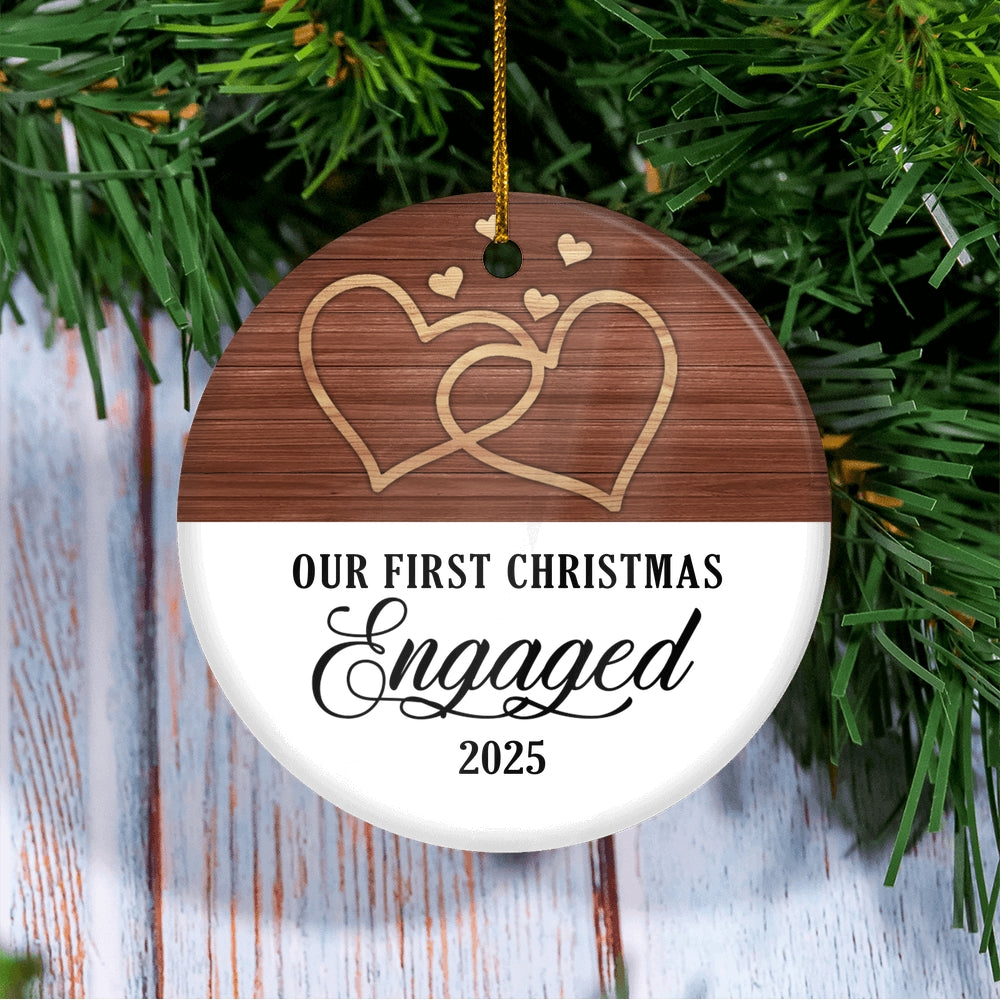 Our First Christmas Engaged 2025 Just Married White Brown Wood For Wedding Newlywed Couple 2025 Christmas Tree Ornament | siriusteestore