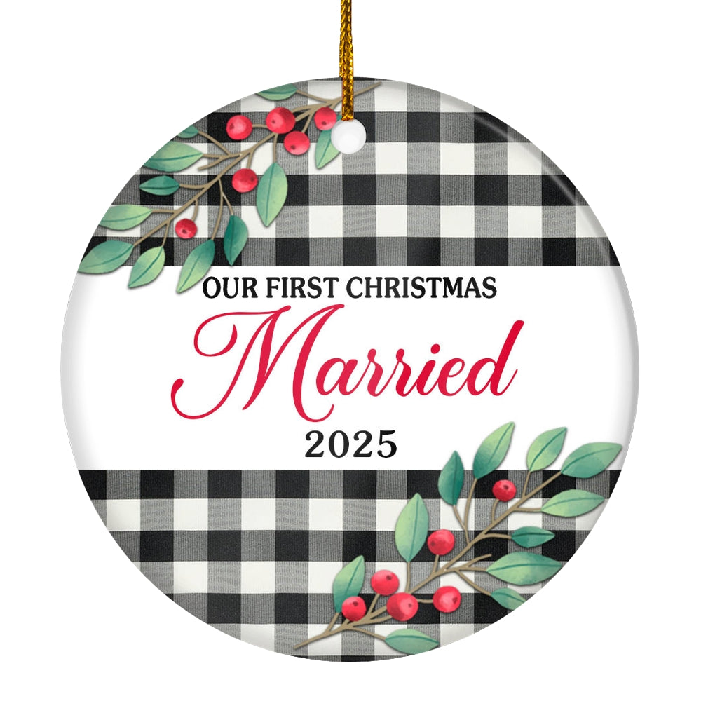 Our First Christmas Married Mr And Mrs 2025 Black White Buffalo Plaid For Wedding Newlywed Couple (20) Christmas Tree Ornament | siriusteestore