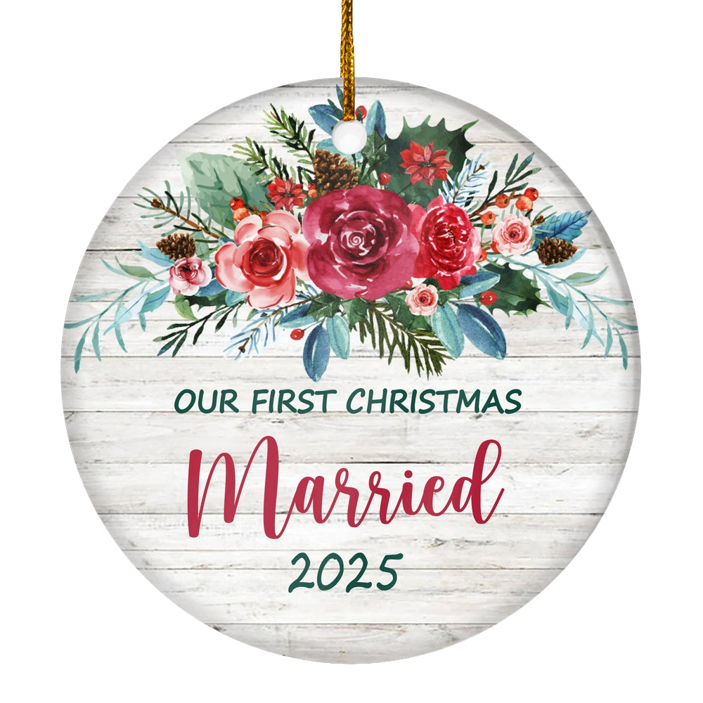 Our First Christmas Married Mr And Mrs 2025 Bride Groom For Wedding Newlywed Couple (21) Christmas Tree Ornament | siriusteestore