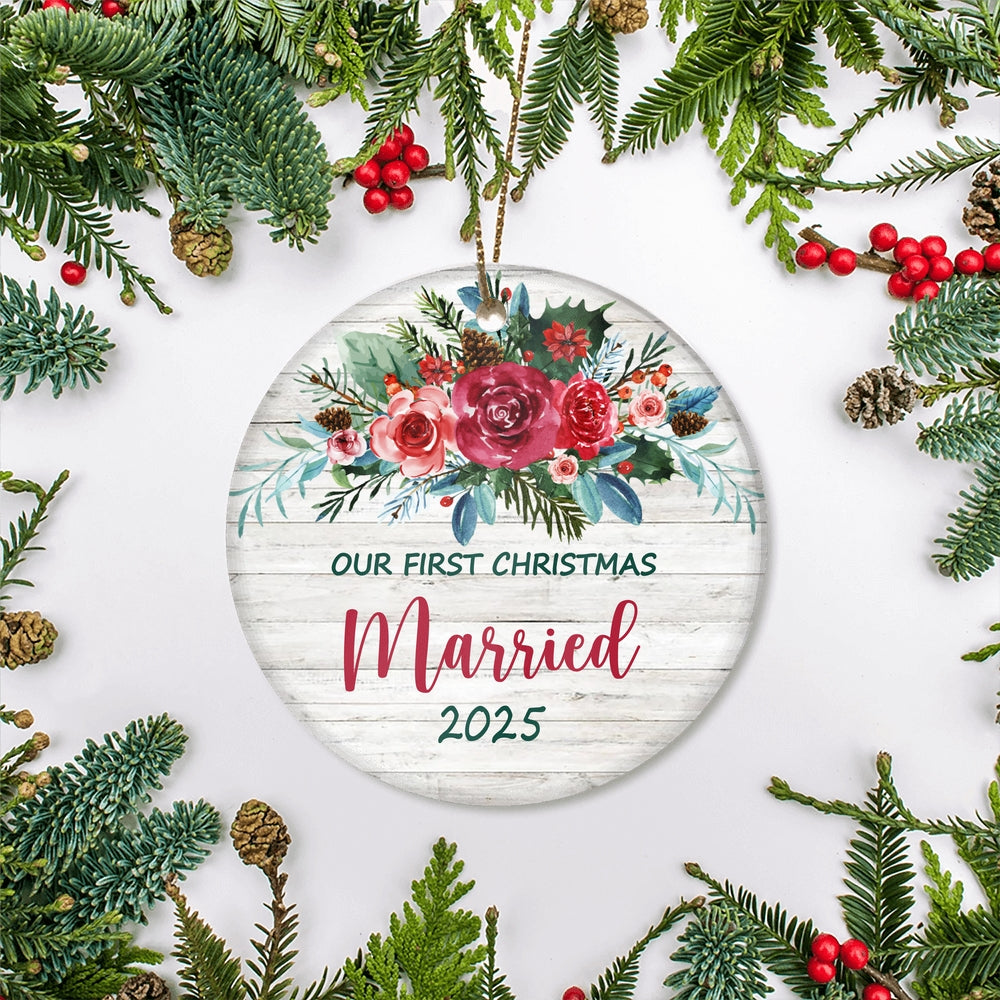 Our First Christmas Married Mr And Mrs 2025 Bride Groom For Wedding Newlywed Couple (21) Christmas Tree Ornament | siriusteestore