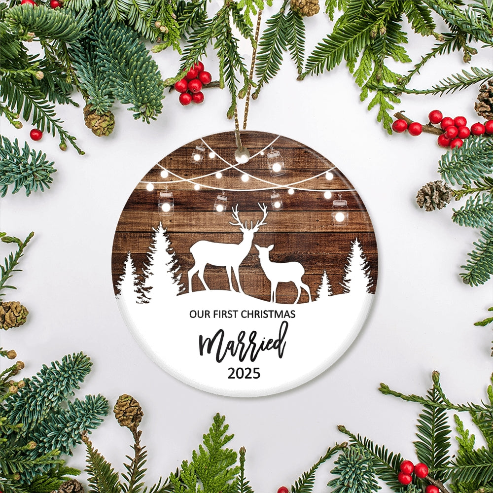 Our First Christmas Married Mr And Mrs 2025 Deer Christmas Tree For Wedding Newlywed Couple Christmas Tree Ornament | siriusteestore