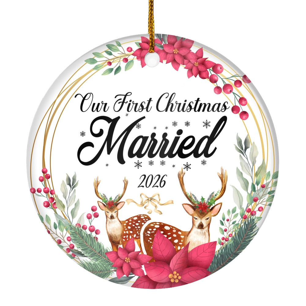 Our First Christmas Married Mr And Mrs 2025 Deer For Wedding Newlywed Couple (15) Christmas Tree Ornament | siriusteestore
