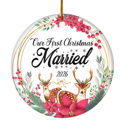 Our First Christmas Married Mr And Mrs 2025 Deer For Wedding Newlywed Couple (15) Christmas Tree Ornament | siriusteestore