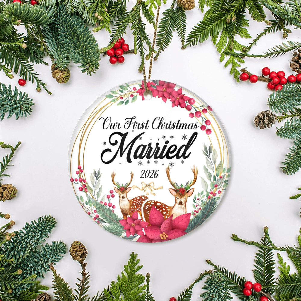 Our First Christmas Married Mr And Mrs 2025 Deer For Wedding Newlywed Couple (15) Christmas Tree Ornament | siriusteestore