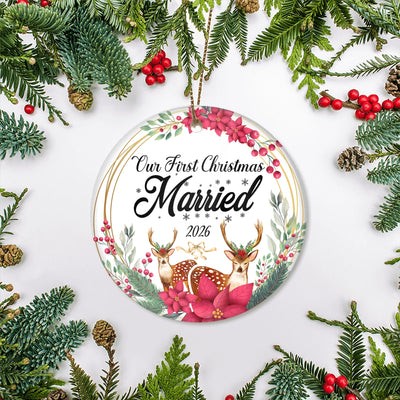 Our First Christmas Married Mr And Mrs 2025 Deer For Wedding Newlywed Couple (15) Christmas Tree Ornament | siriusteestore