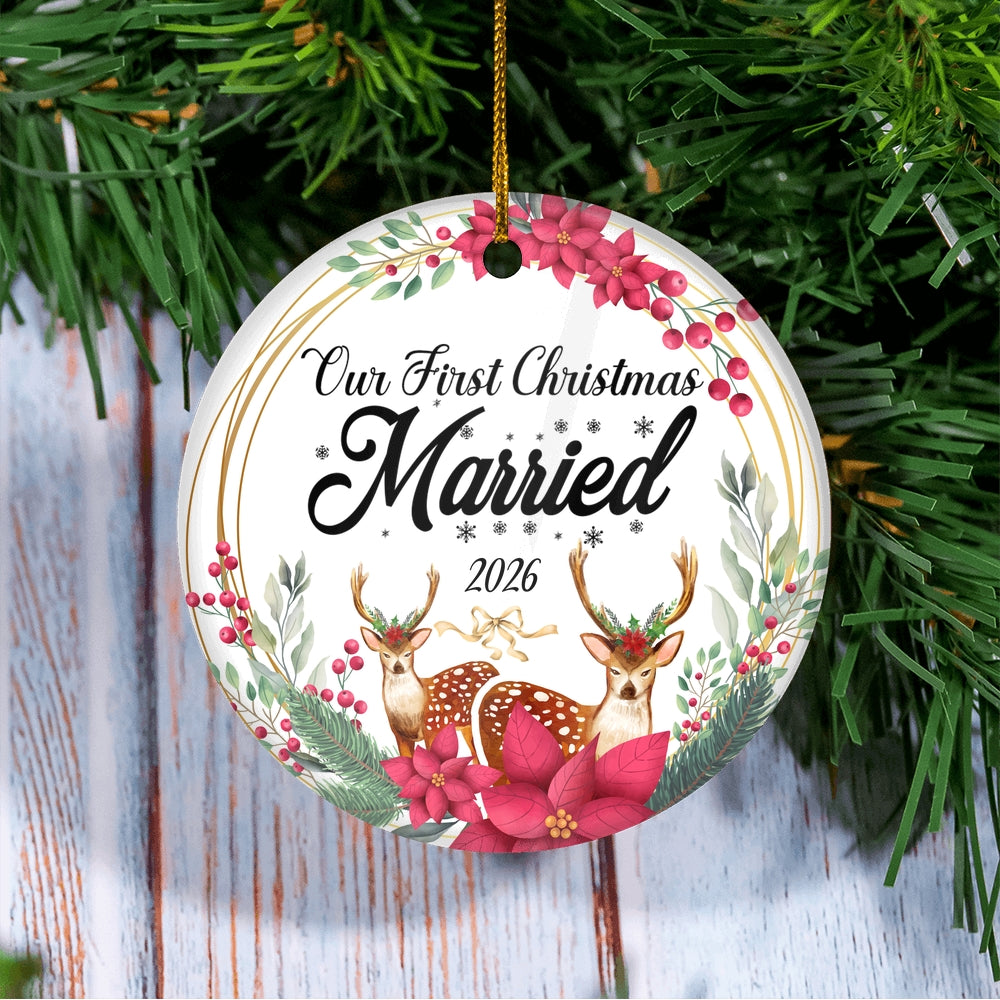 Our First Christmas Married Mr And Mrs 2025 Deer For Wedding Newlywed Couple (15) Christmas Tree Ornament | siriusteestore