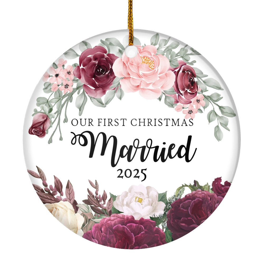 Our First Christmas Married Mr And Mrs 2025 Flower For Wedding Newlywed Couple (11) 2025 Christmas Tree Ornament | siriusteestore