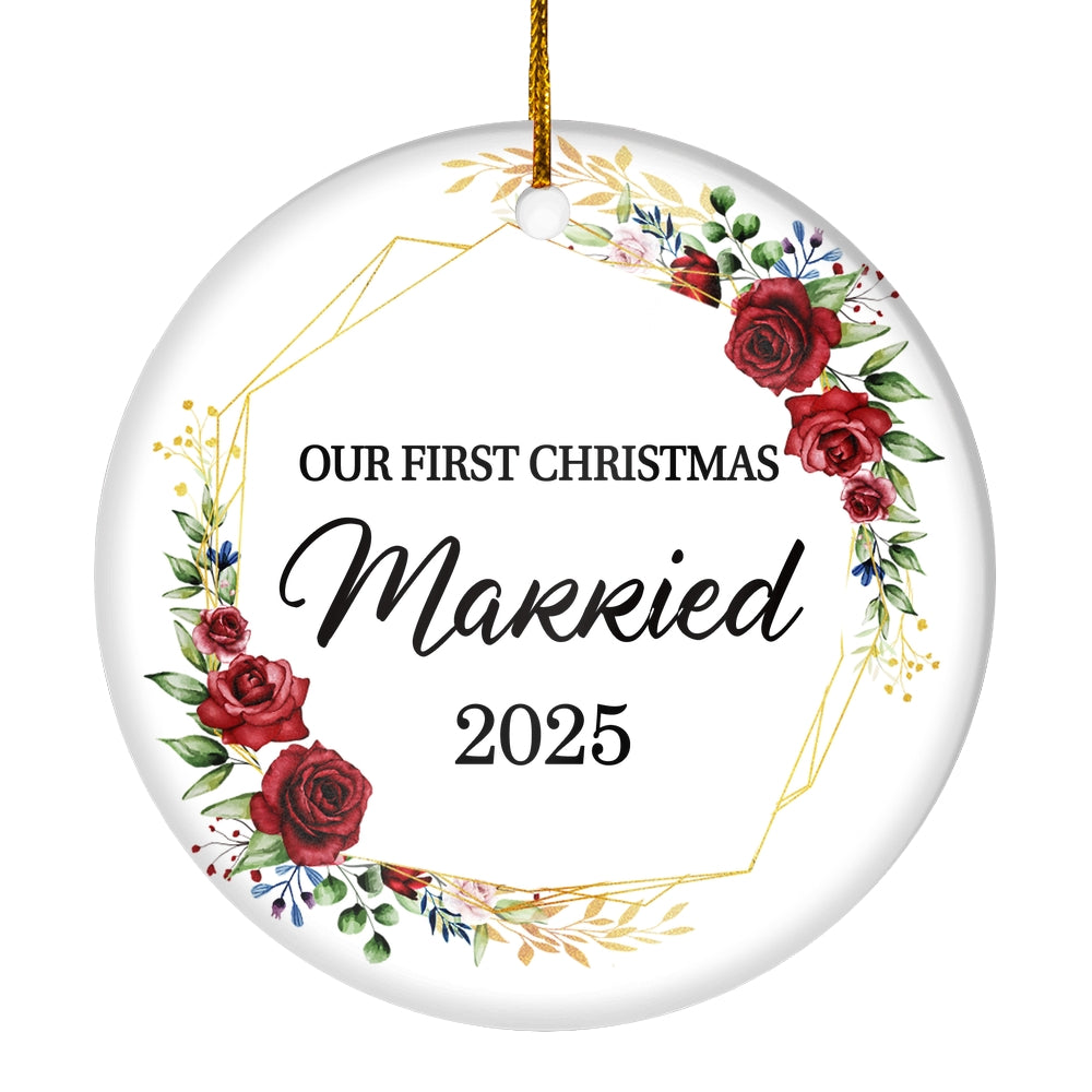 Our First Christmas Married Mr And Mrs 2025 Flower For Wedding Newlywed Couple (12) 2025 Christmas Tree Ornament | siriusteestore