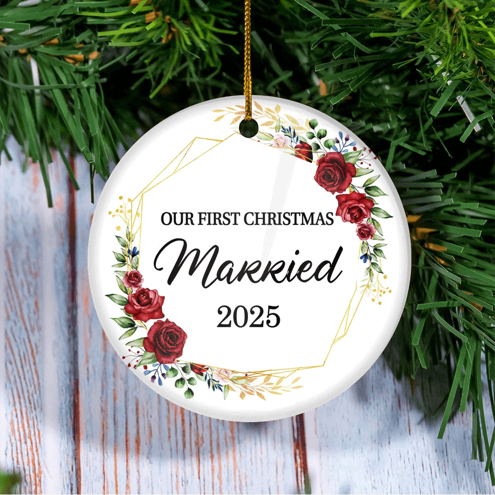 Our First Christmas Married Mr And Mrs 2025 Flower For Wedding Newlywed Couple (12) 2025 Christmas Tree Ornament | siriusteestore