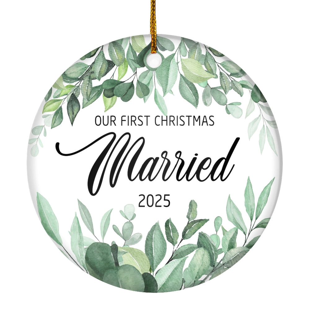 Our First Christmas Married Mr And Mrs 2025 Flower Leaf For Wedding Newlywed Couple (14) 2025 Christmas Tree Ornament | siriusteestore