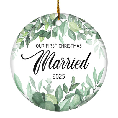 Our First Christmas Married Mr And Mrs 2025 Flower Leaf For Wedding Newlywed Couple (14) 2025 Christmas Tree Ornament | siriusteestore