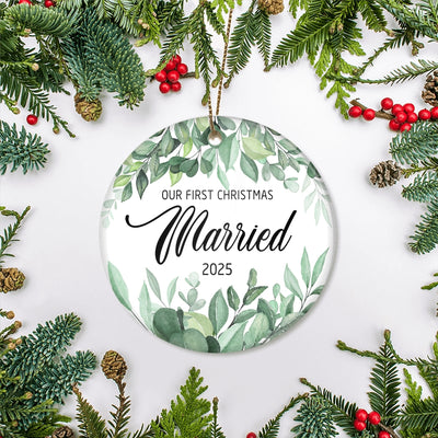 Our First Christmas Married Mr And Mrs 2025 Flower Leaf For Wedding Newlywed Couple (14) 2025 Christmas Tree Ornament | siriusteestore