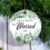 Our First Christmas Married Mr And Mrs 2025 Flower Leaf For Wedding Newlywed Couple (14) 2025 Christmas Tree Ornament | siriusteestore