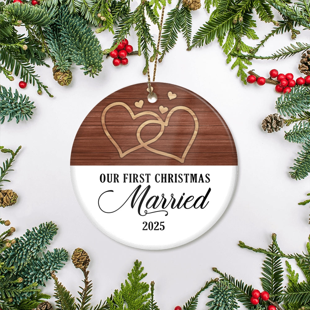 Our First Christmas Married Mr And Mrs 2025 White Brown Wood For Wedding Newlywed Couple 2025 Christmas Tree Ornament | siriusteestore