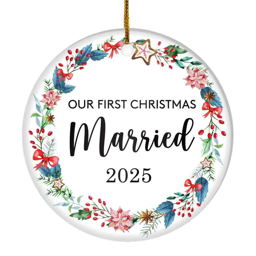 Our First Christmas Married Mr and Mrs 2025 For Wedding Newlywed Couple (19) 2025 Christmas Tree Ornament | siriusteestore