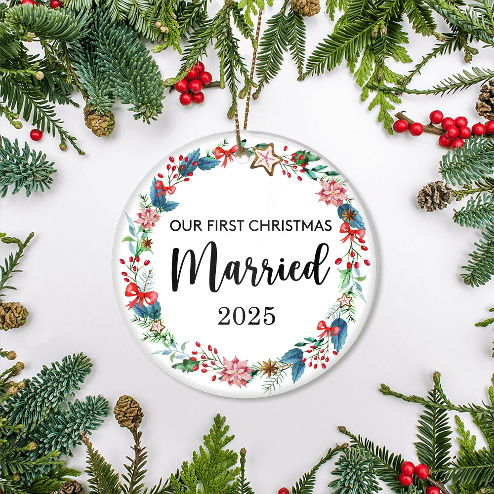 Our First Christmas Married Mr and Mrs 2025 For Wedding Newlywed Couple (19) 2025 Christmas Tree Ornament | siriusteestore